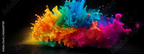 Colorful explosion of paint isolated on black background. Generative AI