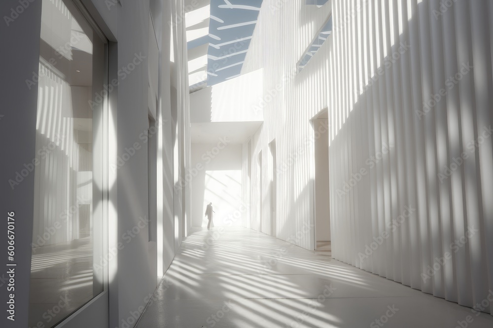Fototapeta premium White Abstract Modern Architecture Buildings Realistic Portrayal Light Shadow Wavy Resin Sheets Intricate Ceiling Designs Striped AIcreation 