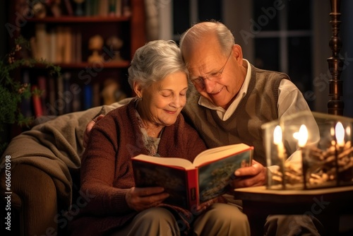 Happy elder couple enjoying reading books at their cozy home