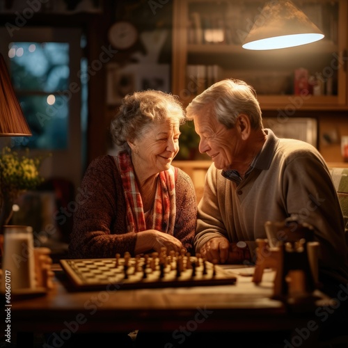 Happy elder couple enjoying playing board game at home