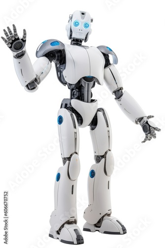 Humanoid robot stands against a stark white background Generative AI