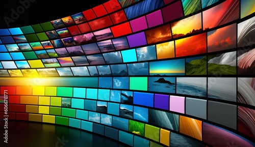 Multimedia video wall with pictures on various TV screens  monitor  program  broadcasting  bright  colorful  multicolored technology  display  media  communication  background. Generative Ai.