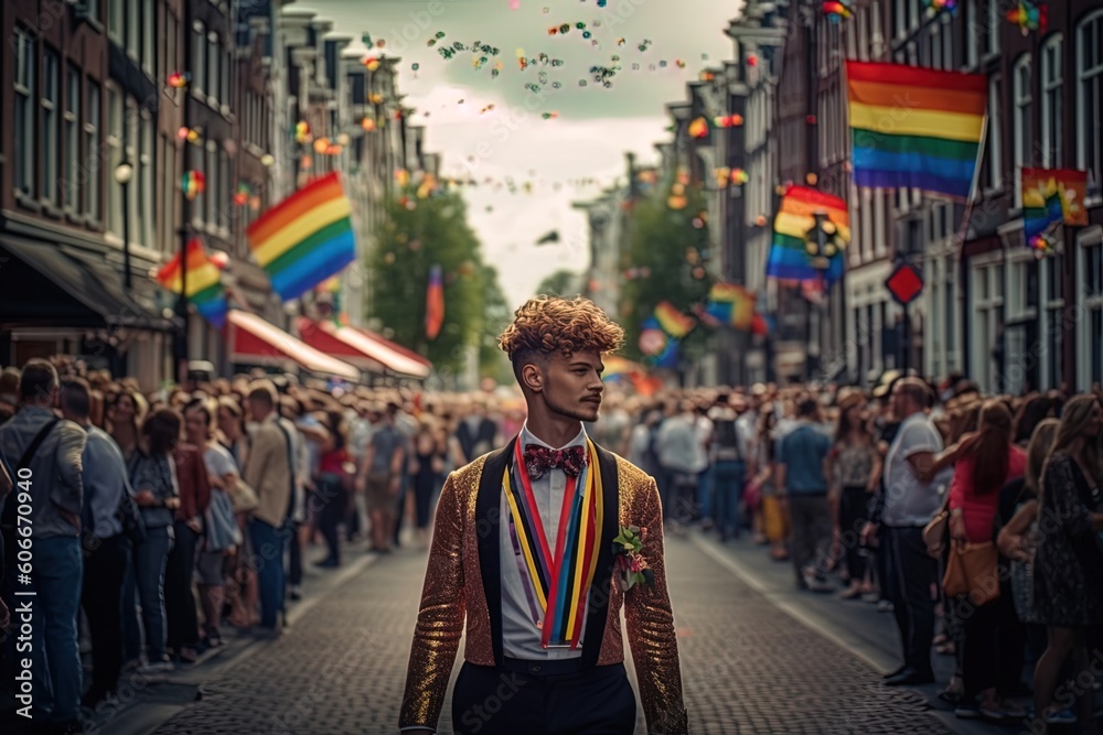 pride month celebrating on street, rainbow flags, LGBTQ+