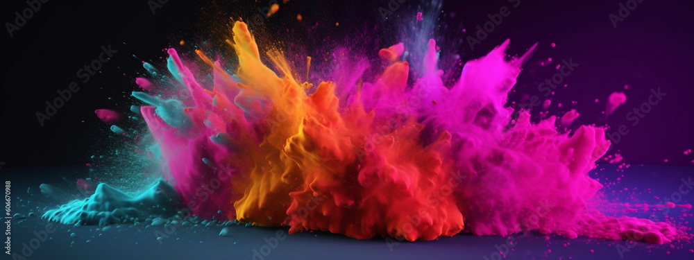 Illustration of colorful explosion of paint isolated on dark background. Generative AI