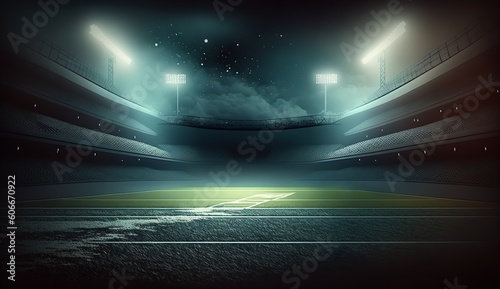 Sports at night as background Football and cricket stadium with a background of hazy 3D illumination. Generative Ai.