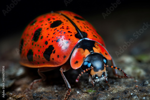 a red and black lady beetle on the ground with its head turned to look like it's coming out. Generative Ai © Golib Tolibov
