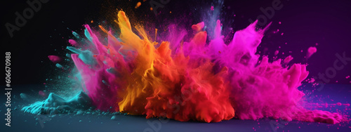 Illustration of colorful explosion of paint isolated on dark background. Generative AI