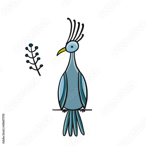 Tropical bird blue isolated on white. Sketch for your design