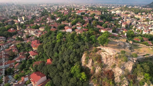 Aerial drone shot of Plovdiv Old town, Bulgaria- 4K video photo