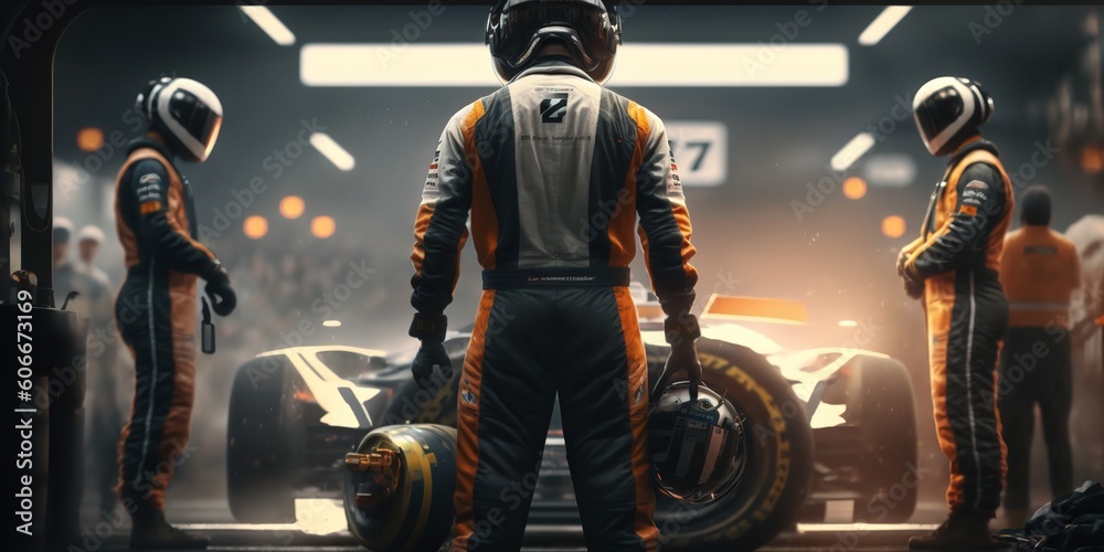 Ultimate collaboration depicted by a professional pit crew as their team's racing vehicle enters the pit lane during a pit stop during an automobile race. Generative Ai. - obrazy, fototapety, plakaty 