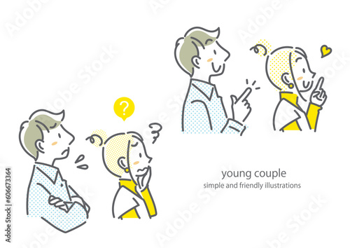 若いカップル　不満＆解決セット　シンプルでお洒落な線画イラスト