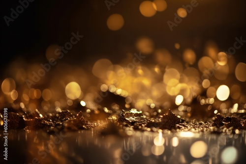 Golden glitter particles on a dark backdrop with metallic texture and bokeh lights. Shiny decoration for festive celebration and glamour party. AI Generative.