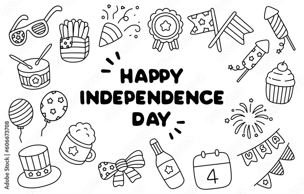 4th July Happy Independence Day Doodle Black and White Icons Set.