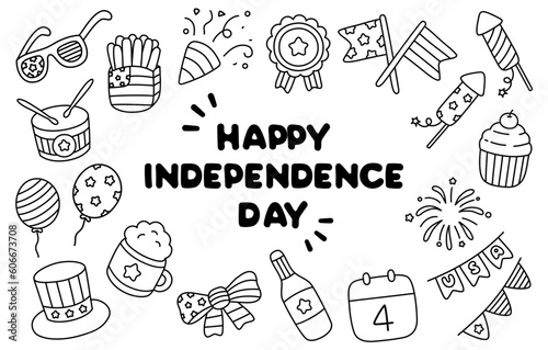 4th July Happy Independence Day Doodle Black and White Icons Set.