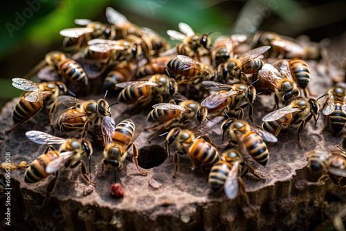 many bees on a piece of wood with green leaves in the background and text overlay that says, what is honey. Generative Ai