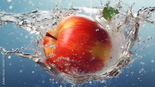 Juicy, fresh apples in clear water splashes, front view.
