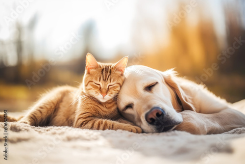 Valokuva Cute ginger cat and dog sleeping outdoors. Generative AI.