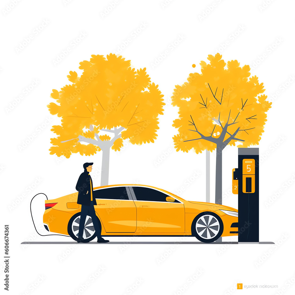 Φωτογραφία AI generated: Electric car charging its battery with natural landscape, concept illustration for green environment, ecology, sustainability, clean air, future