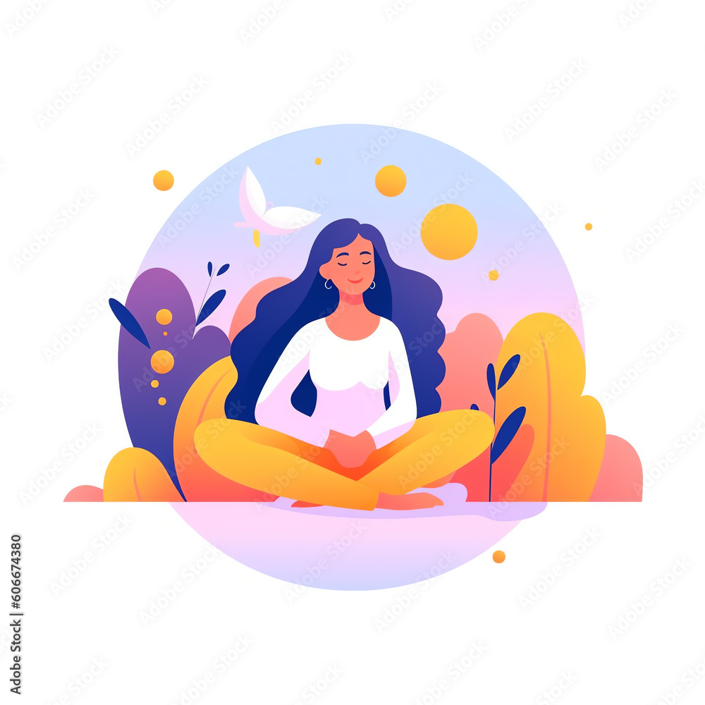AI generated: Happy woman sits in lotus pose and open her arms to the rainbow. Smiled girl creates good vibe around her. Smiling female character enjoys her freedom and life. Body positive