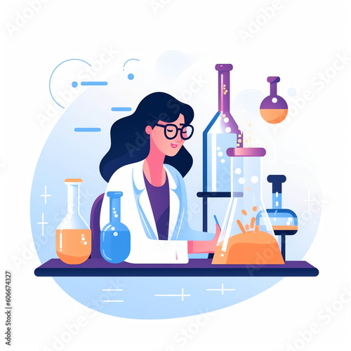 AI generated: Scientist at work, characters conducting experiments in lab. Vector illustration in flat style