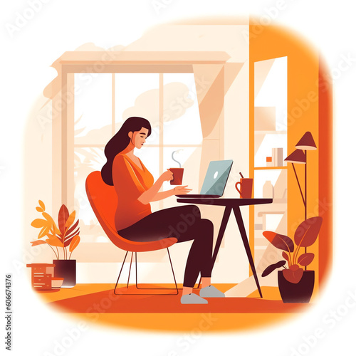 AI generated: Home office concept, woman working from home, student or freelancer. Cute vector illustration in flat style