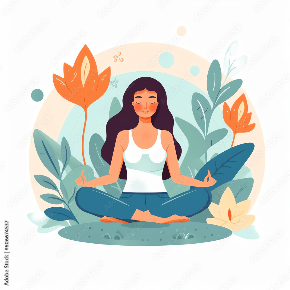 AI generated: Woman meditating in nature and leaves. Concept illustration for yoga, meditation, relax, recreation, healthy lifestyle. Vector illustration in flat cartoon style