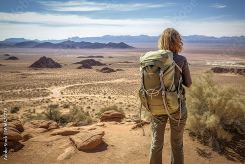 Female hiker with the backpack, standing in the wilderness desert scenery