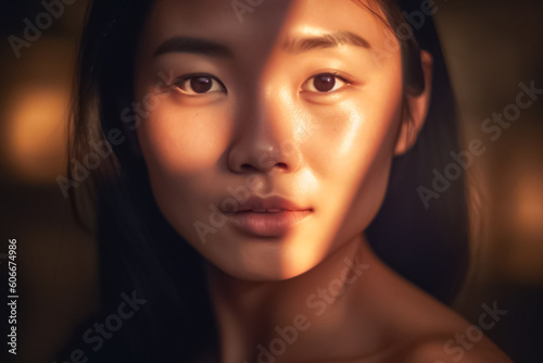 The golden light gracefully illuminates the face of a beautiful young Asian girl, highlighting her natural beauty and evoking a sense of warmth and serenity in the image. generative AI.