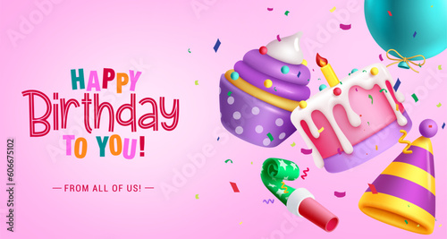 Happy birthday text vector design. Birthday greetings with party elements in pink background. Vector illustration invitation card.