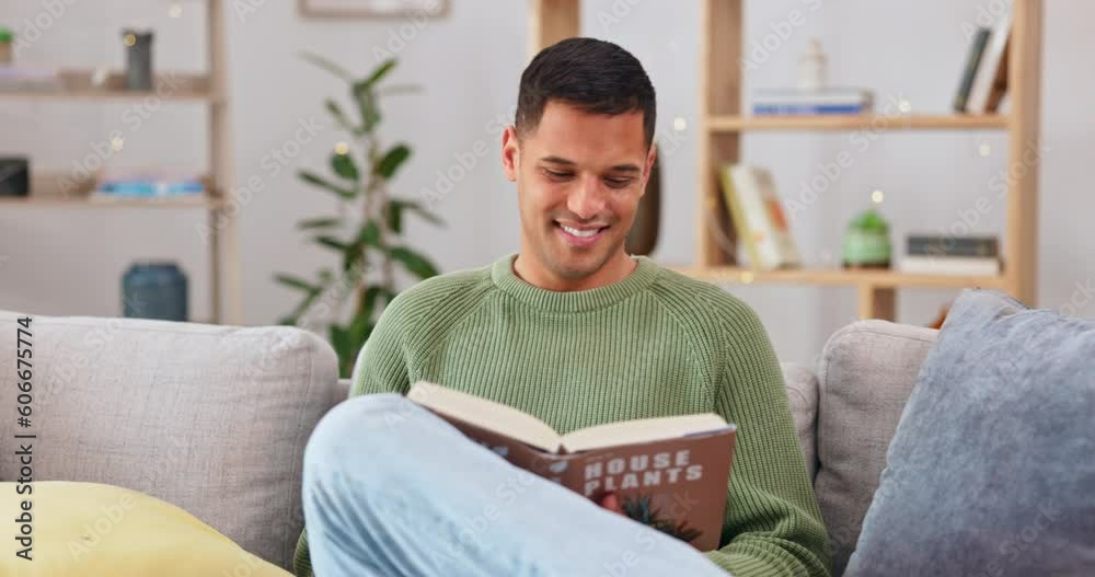 Relax, couch and man reading a book, smile and chilling at home, living room and joyful. Male person on a sofa, relax and guy with literature, knowledge and education with happiness and learning Relax, couch and man reading a book, smile and chilling at home, living room and joyful. Male person on a sofa, relax and guy with literature, knowledge and education with happiness and learning