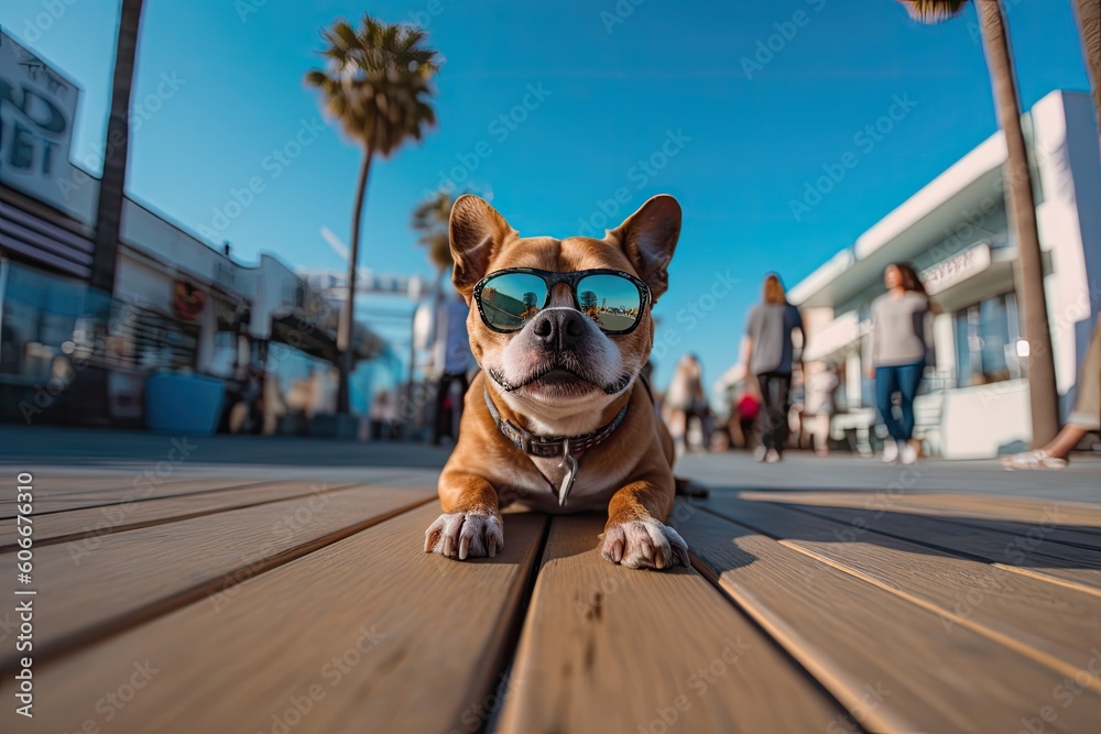 A Dog at Venice Beach. Generative AI.