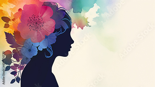 Beautiful silhouette of a girl with flowers in her hair illustration. Generative AI © Slava