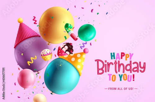 Happy birthday vector design. Birthday greeting text with balloons and cup cake party elements. Vector illustration invitation card template.