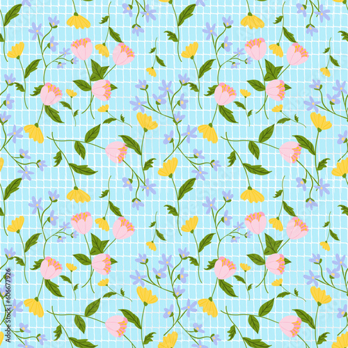 Wild floral seamless pattern on blue background.
