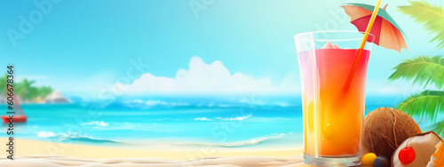 Summer banner with tropical cocktail on the Beach. Generative AI