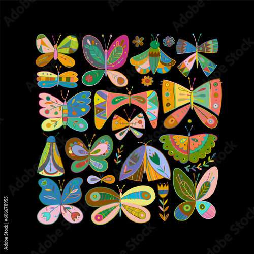 Ornate colorful butterflies, square background. Art Collection for your design