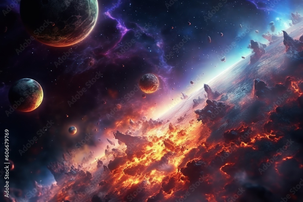 abstract space background with planetar catastrophy, ai tools generated image