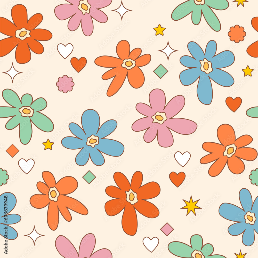 Seamless pattern of bright 70s hippie stickers flower, heart, star. in trendy retro cartoon style. Design wallpaper, cover, children's textiles, banner Seamless pattern of bright 70s hippie stickers flower, heart, star. in trendy retro cartoon style. Design wallpaper, cover, children's textiles, banner