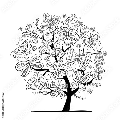 Ornate colouring butterflies. Art tree for your design