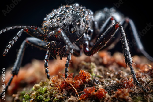 a jumping spider with its eyes closed, on the ground in front of it's back legs and feet. Generative Ai photo