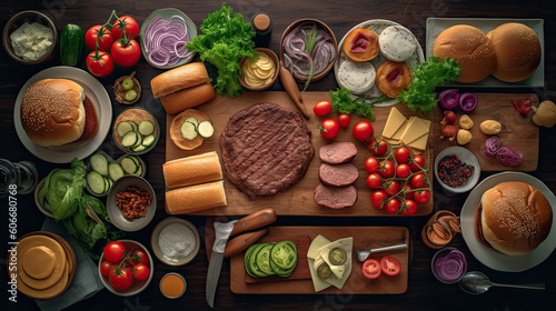 various types of food on a wooden cutting board, including meat, cheese, tomatoes, and other foods in bowls. Generative Ai