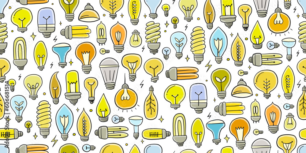 Light bulbs collection. Ecology Concept art. Symbol of creativity, innovation, inspiration, invention and idea. Hand drawn style, seamless pattern background for your design