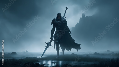 he protagonist, a battle-worn warrior, stands tall and determined, wielding a menacing sword in one hand and a shield in the other.