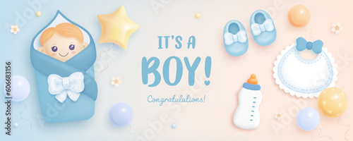 Baby shower horizontal banner with cartoon baby boy, shoes, bottle, bib and helium balloons on gradient background. It's a boy. Vector illustration
