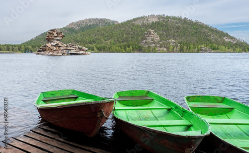 Boats on the shore of the lake in Burabay  Borovoye  National Park in Kazakhstan. Central Asia Travel.