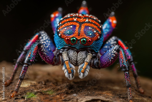 a colorfully colored jumping spider on top of a piece of wood, with its eyes open and tongued out. Generative Ai