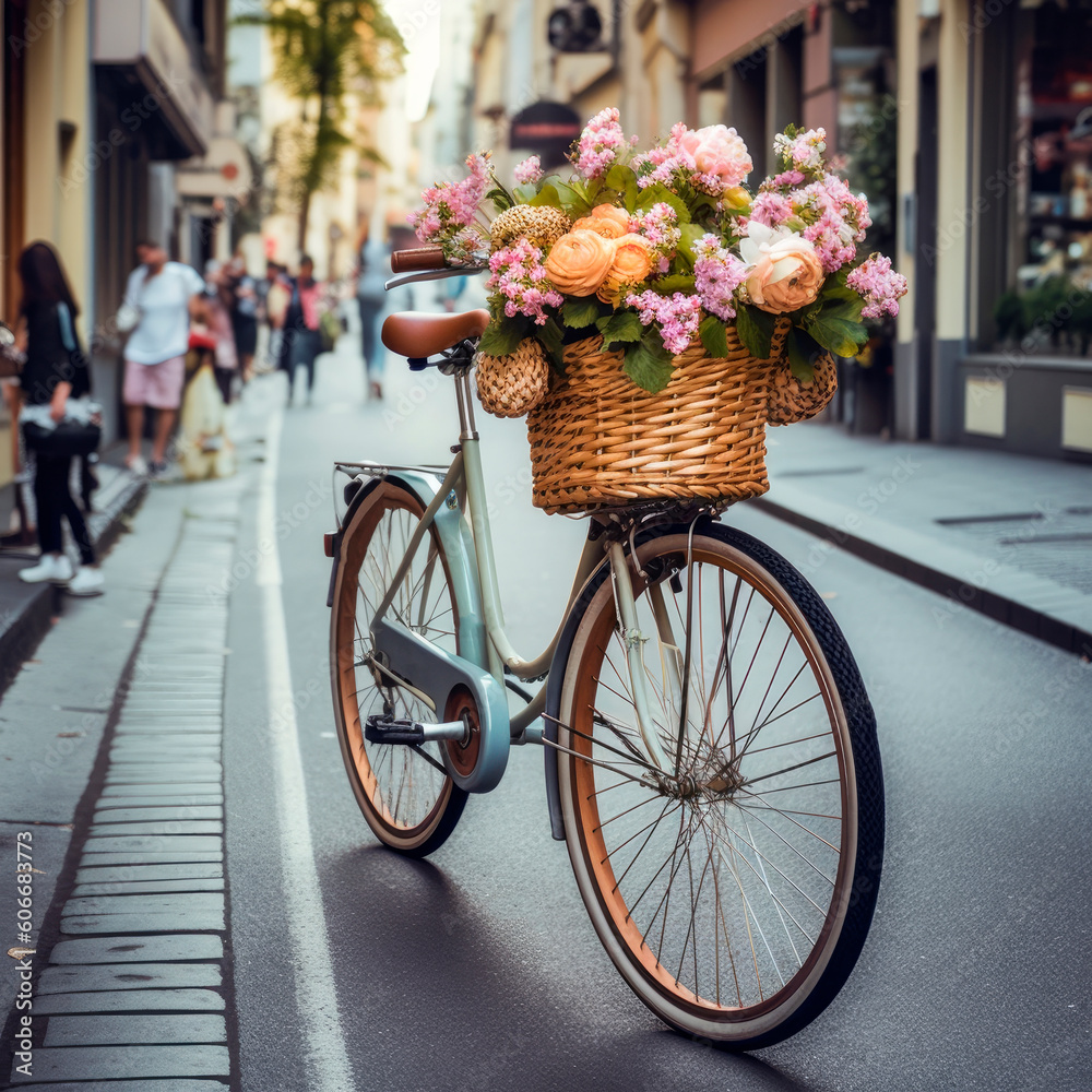 bicycle with flower basket on the street, generative ai
