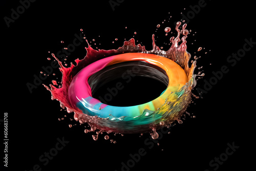 Visual spectacle of watercolor and poster plastic color intertwining in a vibrant ring shaped display, reminiscent of a captivating rainbow on black background.  generative AI.
