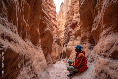 a man sitting in the middle of a narrow slot canyon, with red rock walls behind him and his back to the camera. Generative Ai