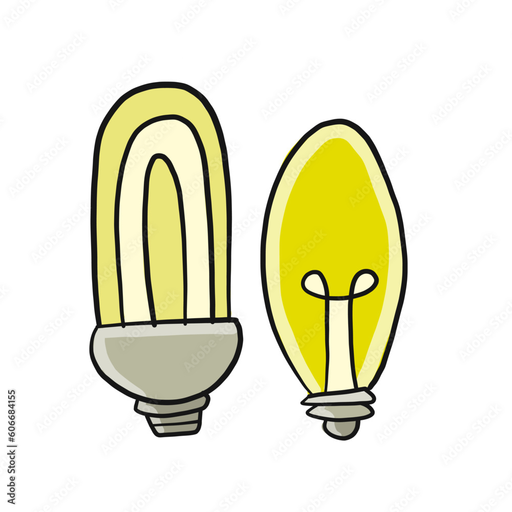 Light bulb isolated on white. Cartoon style. Flat hand drawn art. Symbol of creativity, innovation, inspiration, invention and idea. Sketch for your design. Vector illustration Light bulb isolated on white. Cartoon style. Flat hand drawn art. Symbol of creativity, innovation, inspiration, invention and idea. Sketch for your design. Vector illustration